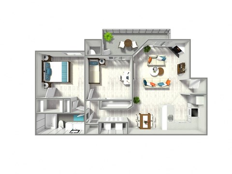 A 3D rendered image of a house layout.